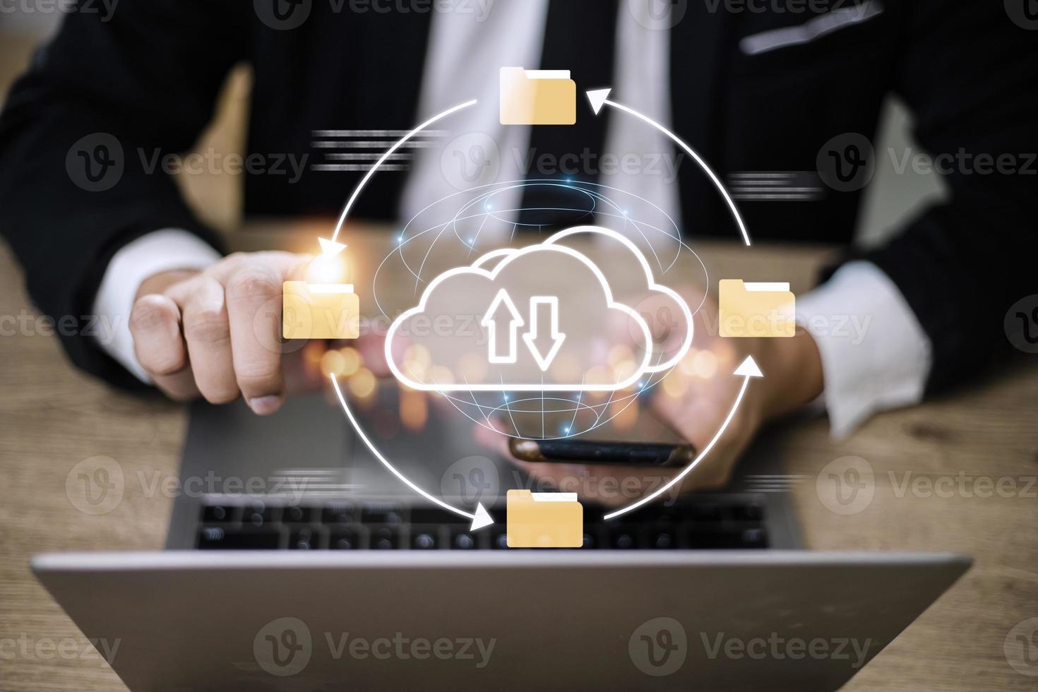 Cloud computing and online storage technologies, cloud computing and communications, connection to Internet server services for data transfer and data management. photo