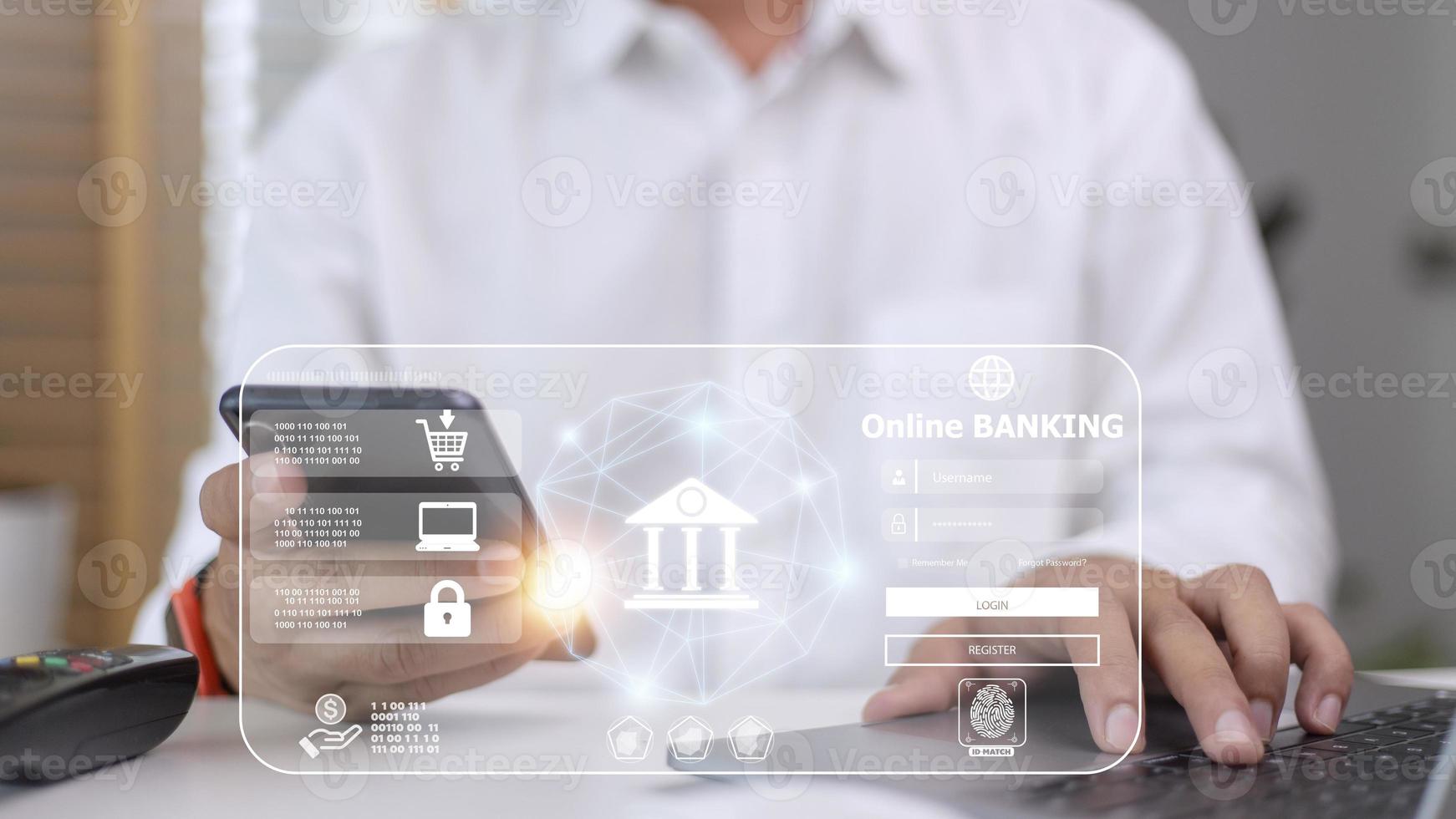 Businessman using mobile online banking and payment, Digital marketing. Finance and banking networking. Online shopping and icon customer network connection, cyber security. Business technology. photo