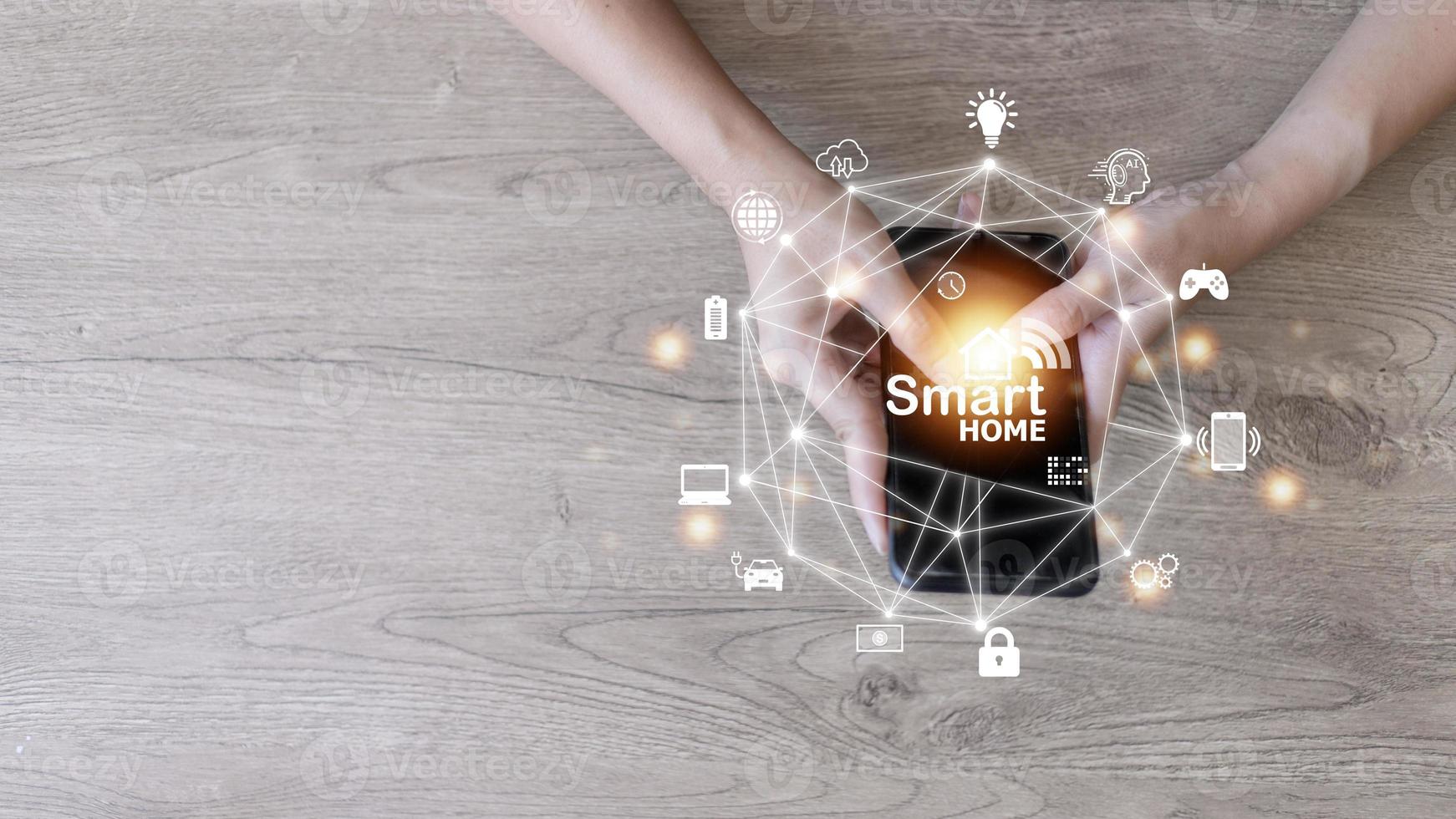 Smart home automation concept on virtual screen. photo