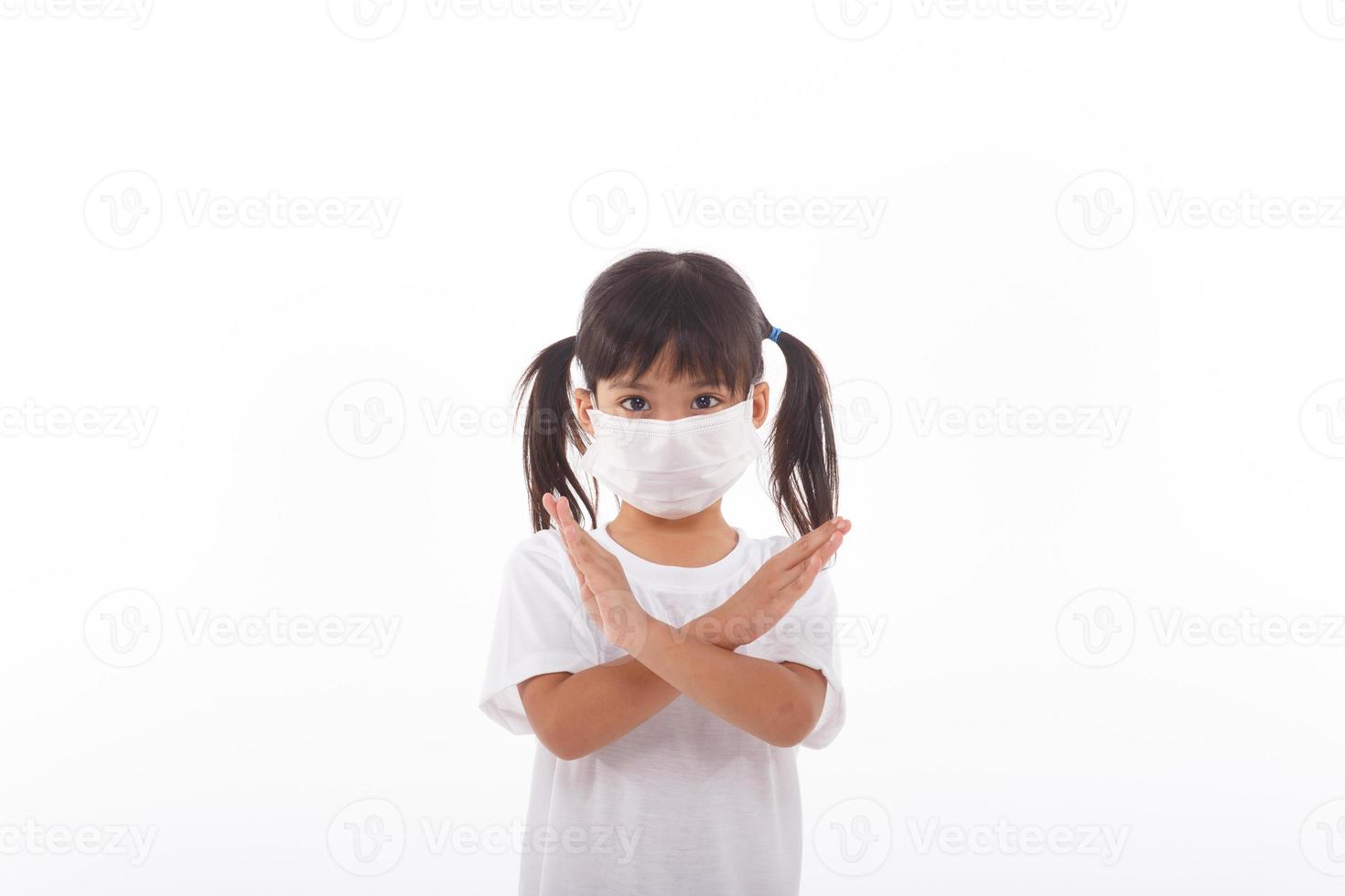 Coronavirus and Air pollution pm2.5 concept.Little girl wearing mask for protect pm2.5 and show stop hands gesture for stop corona virus outbreak.Wuhan coronavirus and epidemic virus symptoms. photo