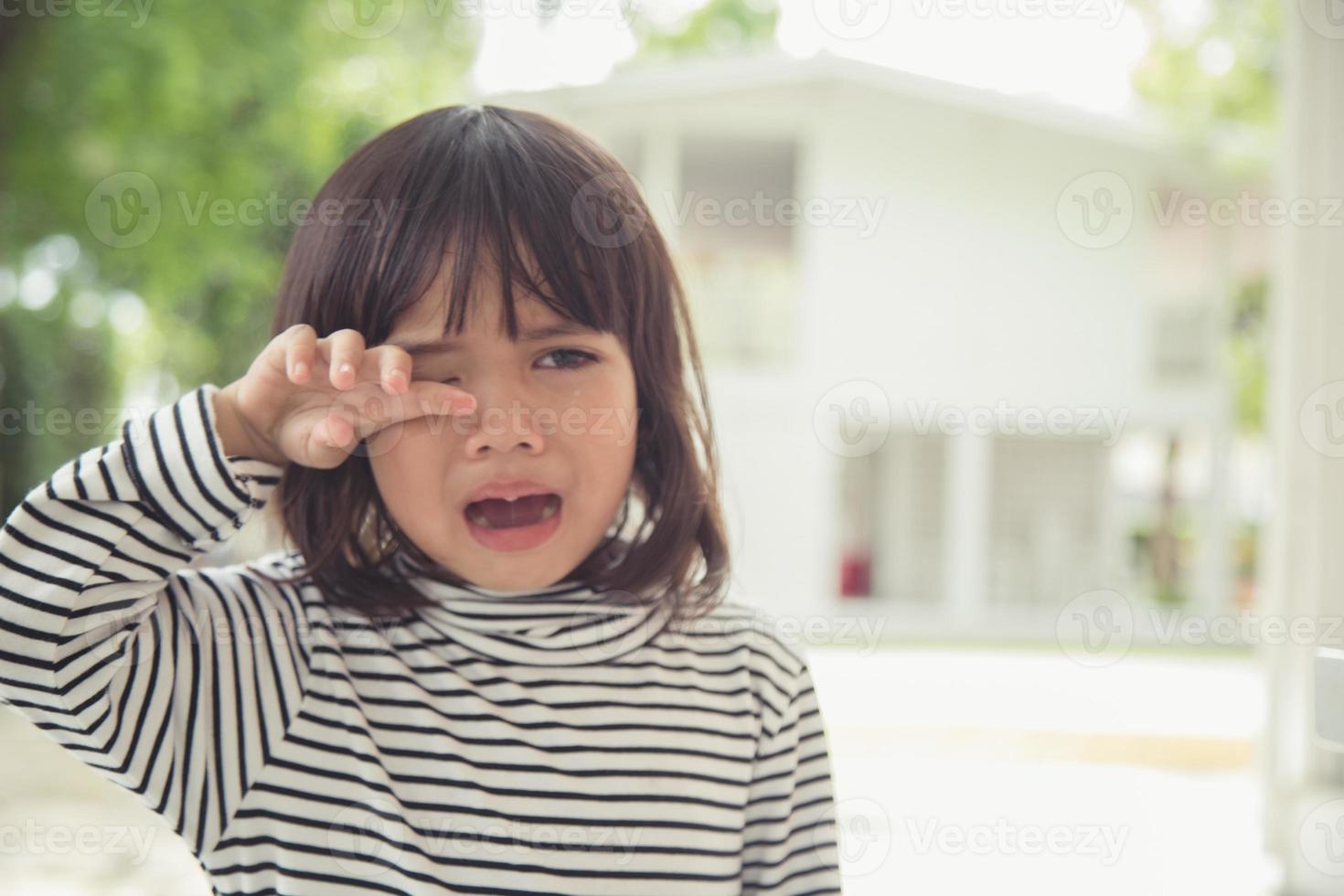 Portrait of Asian crying little girl with little rolling tears weeping emotion, hurt in pain fit drops cheek. Young crying panic drama Asian toddler. photo