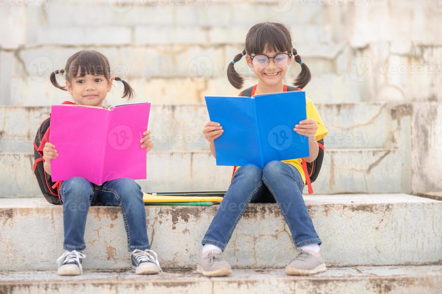 niña y hermana leyendo un libro juntos. adorables niños asiáticos disfrutando de estudiar juntos al aire libre. educación, concepto de inteligencia foto