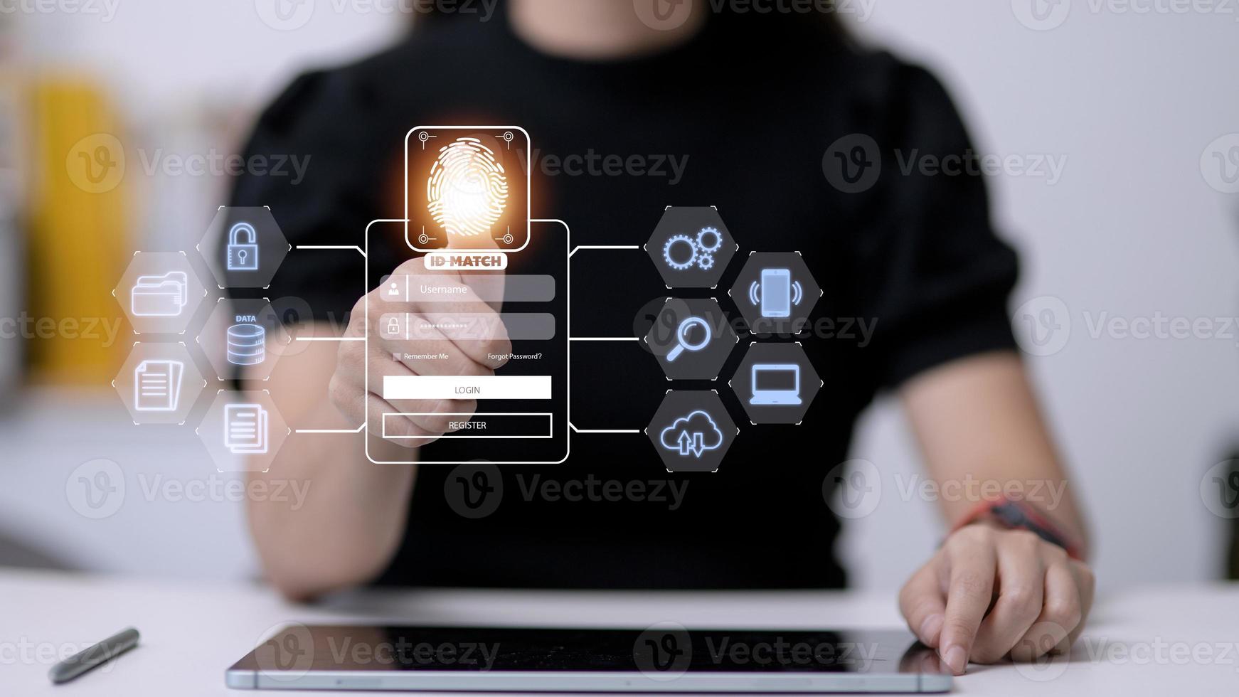 Fingerprint scanning and biometric authentication, processing of biometric for access personal data. surveillance and security scanning of digital programs cyber futuristic applications photo