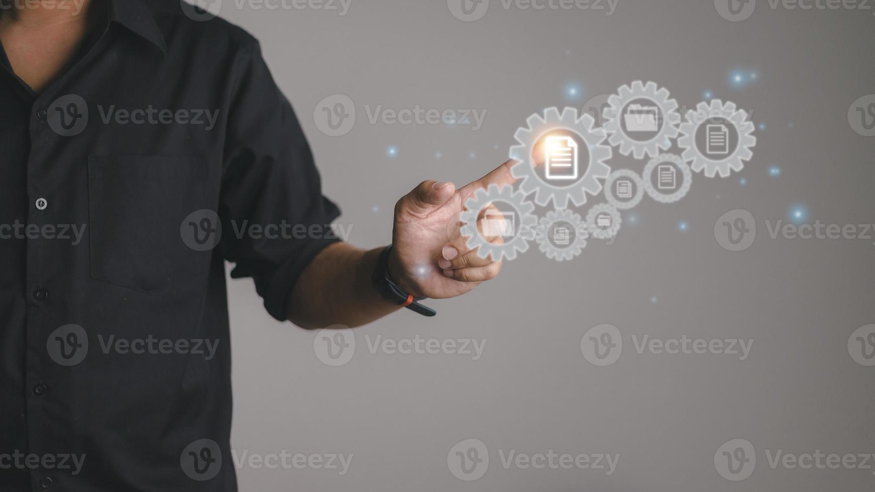 Document Management System, or DMS, is a system for searching and managing information and business files. Concept of business processing and software for archiving. photo