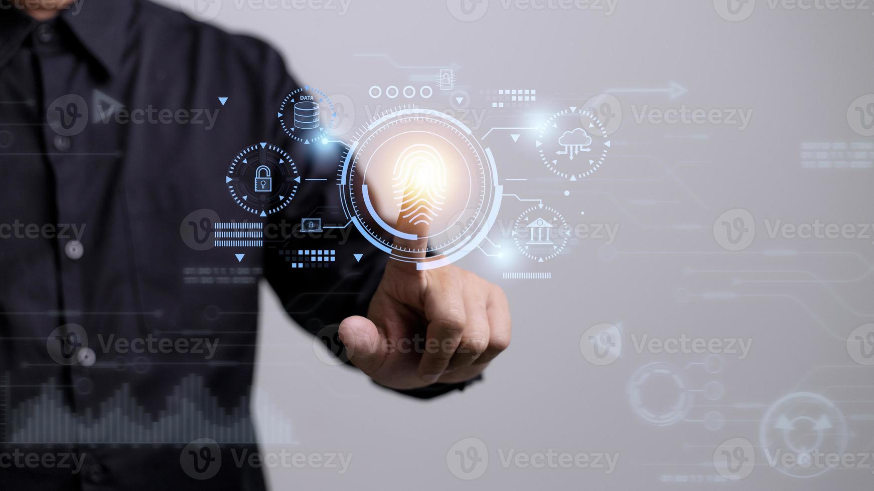 Security of future technology and Cybernetics on the Internet, finger scanning allows access to security and identification of big Data businesses, bank and Cloud Computers. photo