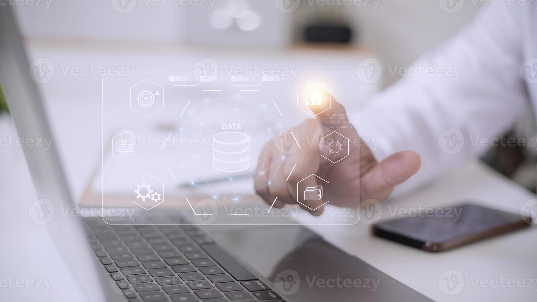 Big data and analytics visualization technology with scientist analyzing information structure on screen with machine learning to extract predictions for business, finance, internet of things photo