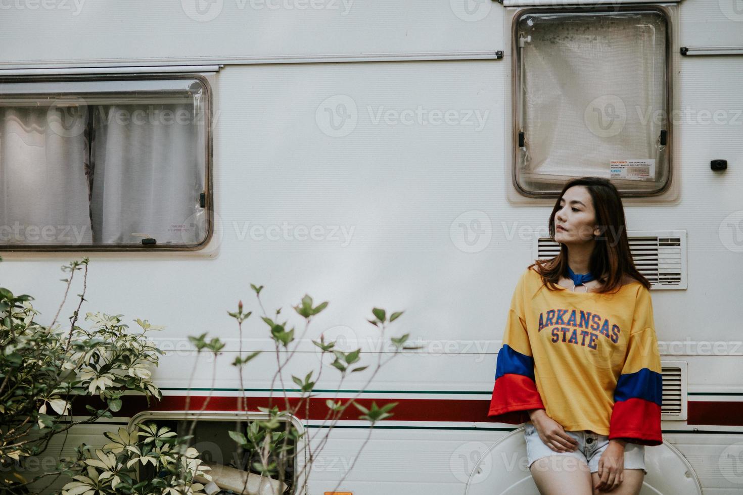 Summer sunny lifestyle fashion portrait of young woman enjoy weekends, travel photo