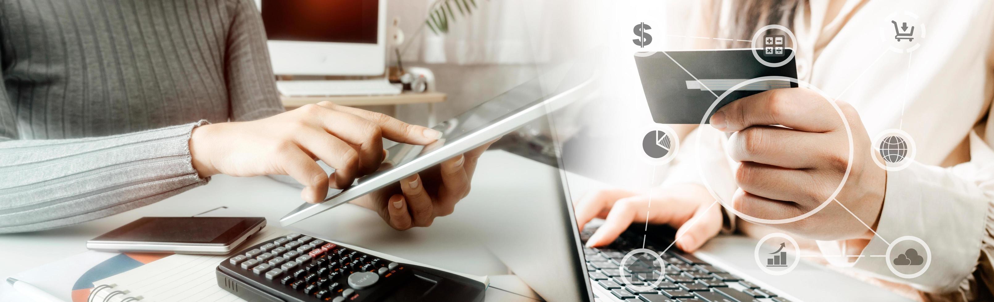 Woman hand using mobile smart phone, online payment, banking and online shopping at the home. photo