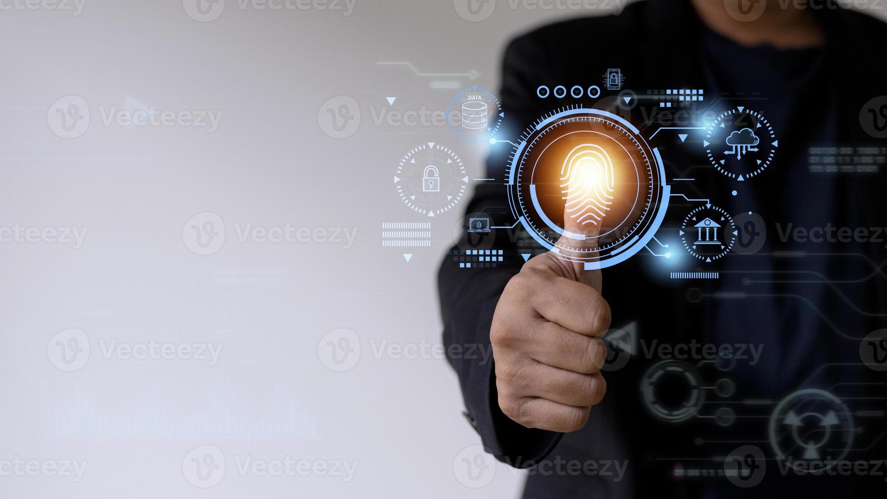 Security of future technology and Cybernetics on the Internet, finger scanning allows access to security and identification of big Data businesses, bank and Cloud Computers. photo