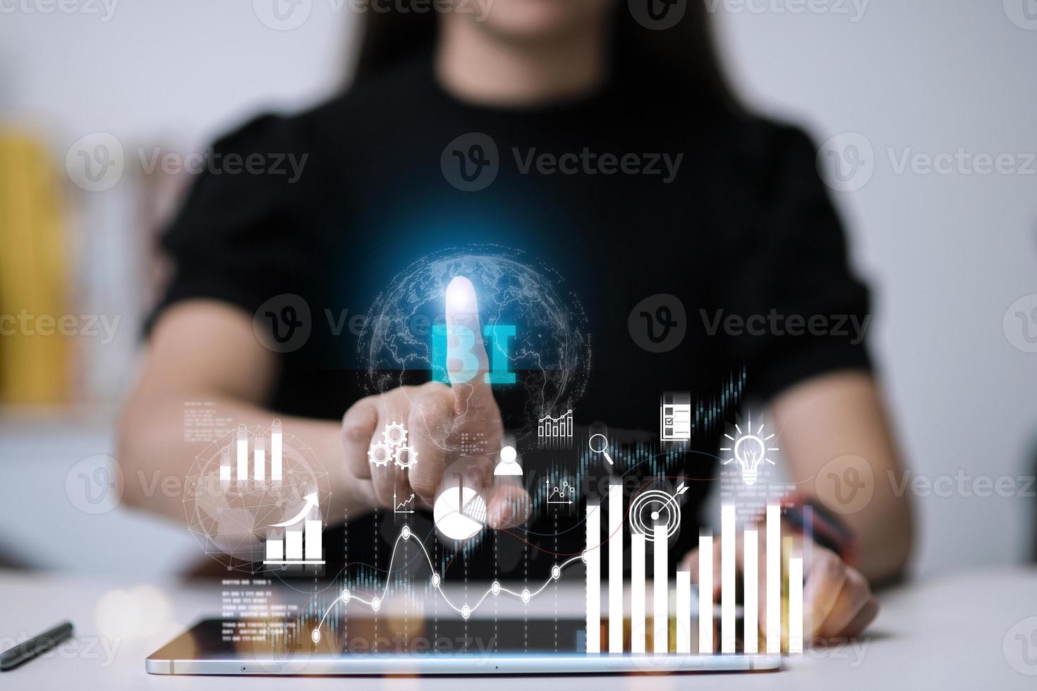 Business, Technology, Internet and network concept. people working on the future, select on the virtual display Business intelligence photo