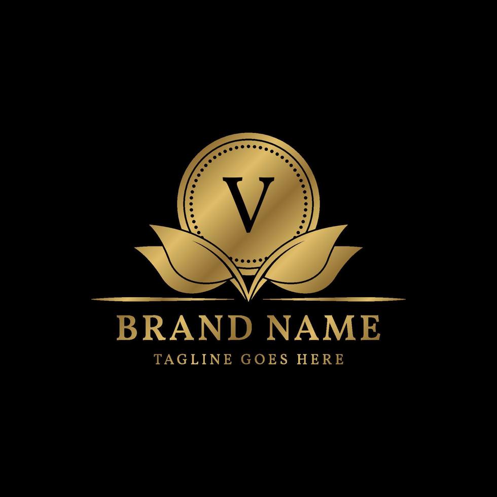 letter V luxurious circle and leaves simple crest vector logo design for natural vintage brand