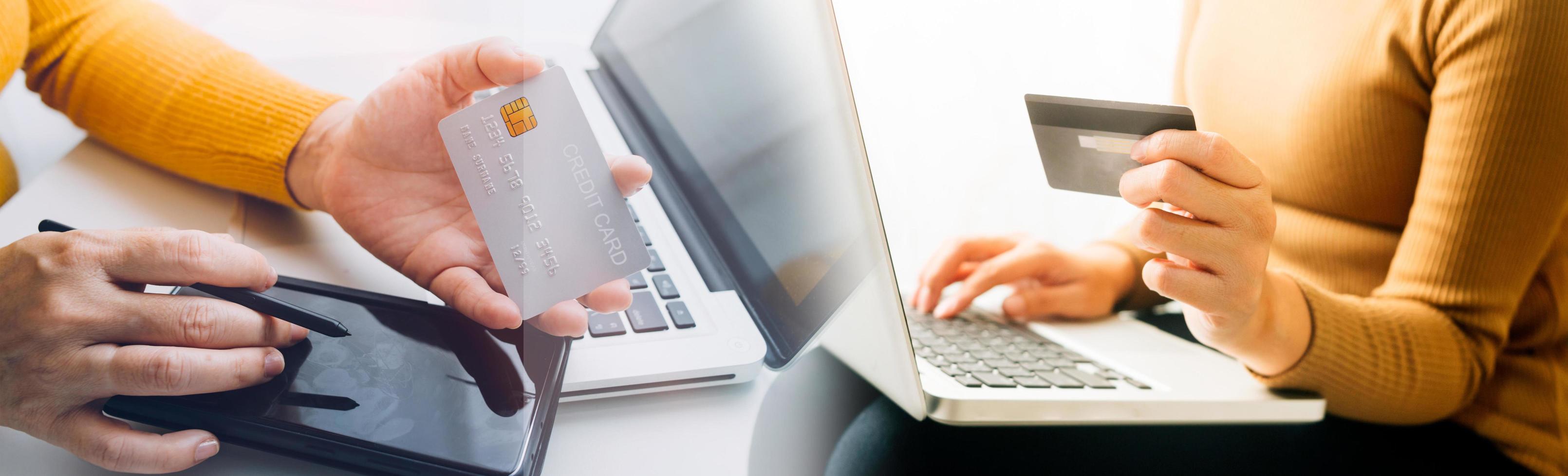 Woman hand using mobile smart phone, online payment, banking and online shopping at the home. photo