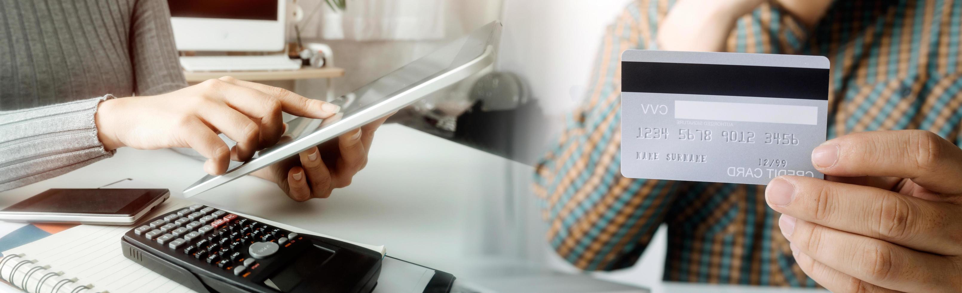 Woman hand using mobile smart phone, online payment, banking and online shopping at the home. photo