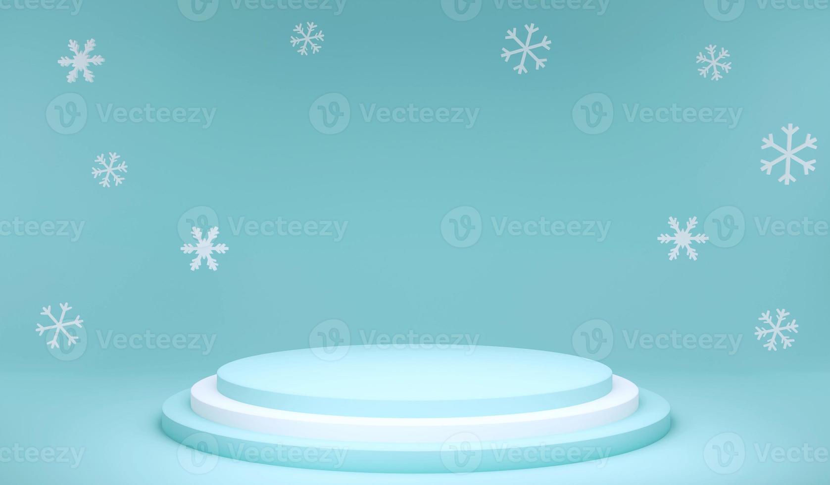 3D rendering winter season and podium on blue background, 3d illustration Christmas and winter concept photo