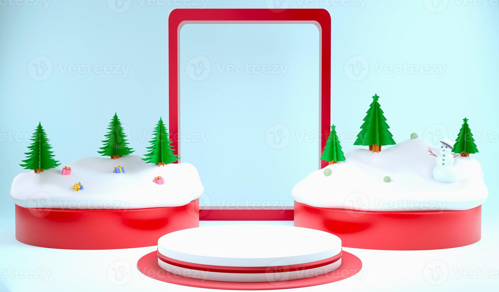 Representación 3d de adornos navideños y podio sobre fondo amarillo, concepto de navidad y año nuevo para espacio de copia foto
