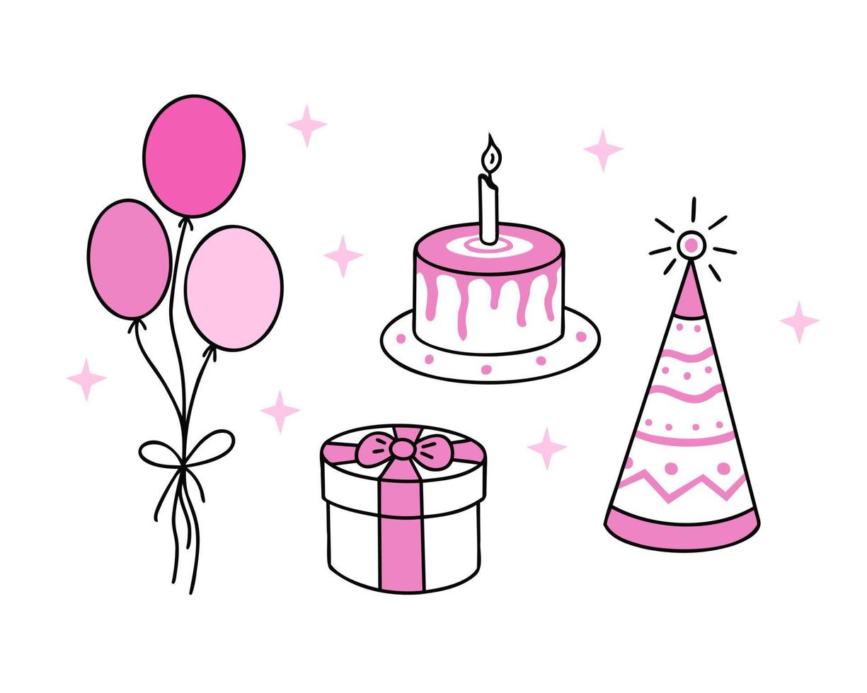 Pink happy birthday set, cake with candle, party hat, gift box and balloons. Illustration for background, cover and packaging. Image can be used for greeting card. Isolated on white background. vector