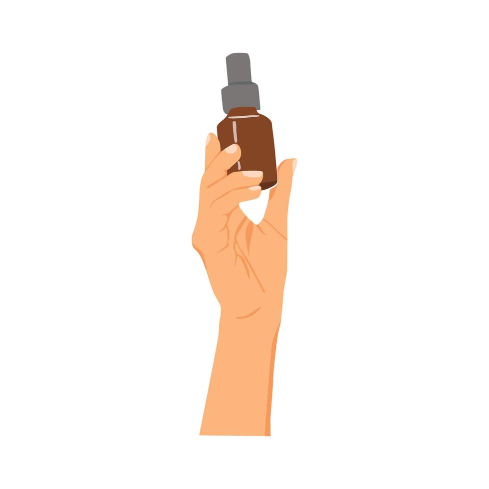 Vector illustration of Woman's hands with different cosmetic products in bottles
