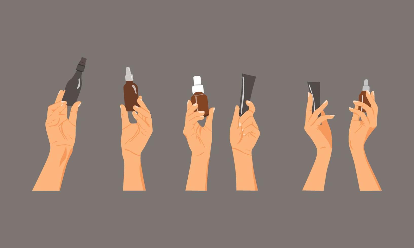 Vector illustration of Woman's hands with different cosmetic products in bottles