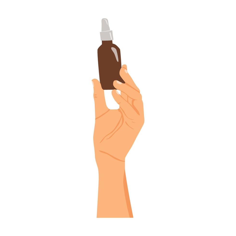 Vector illustration of Woman's hands with different cosmetic products in bottles