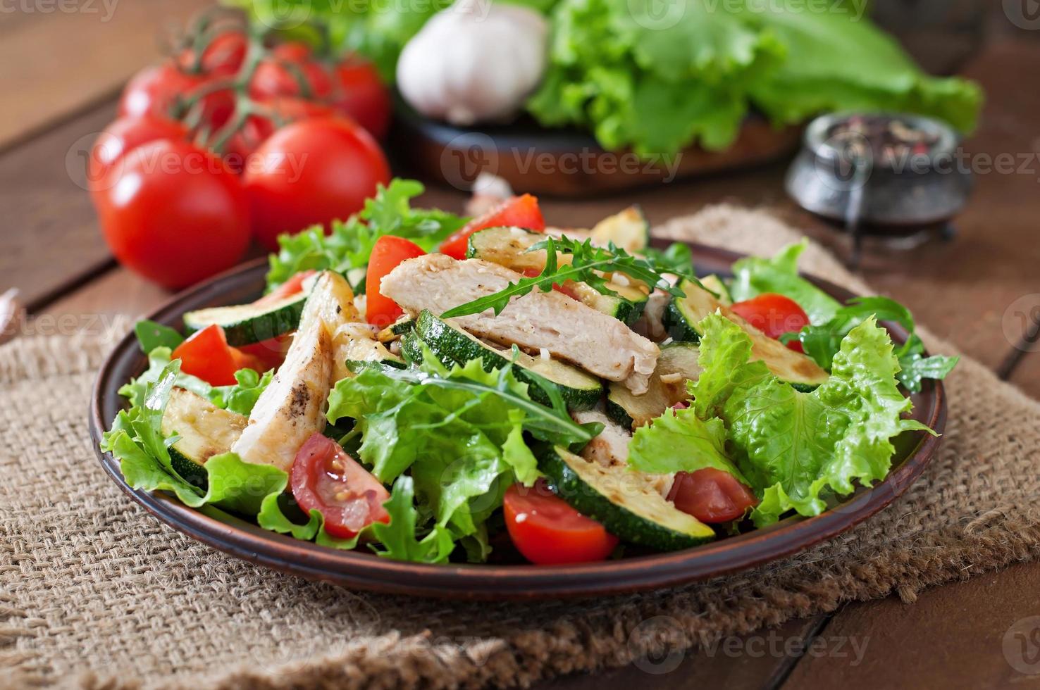Salad of chicken breast with zucchini and cherry tomatoes photo