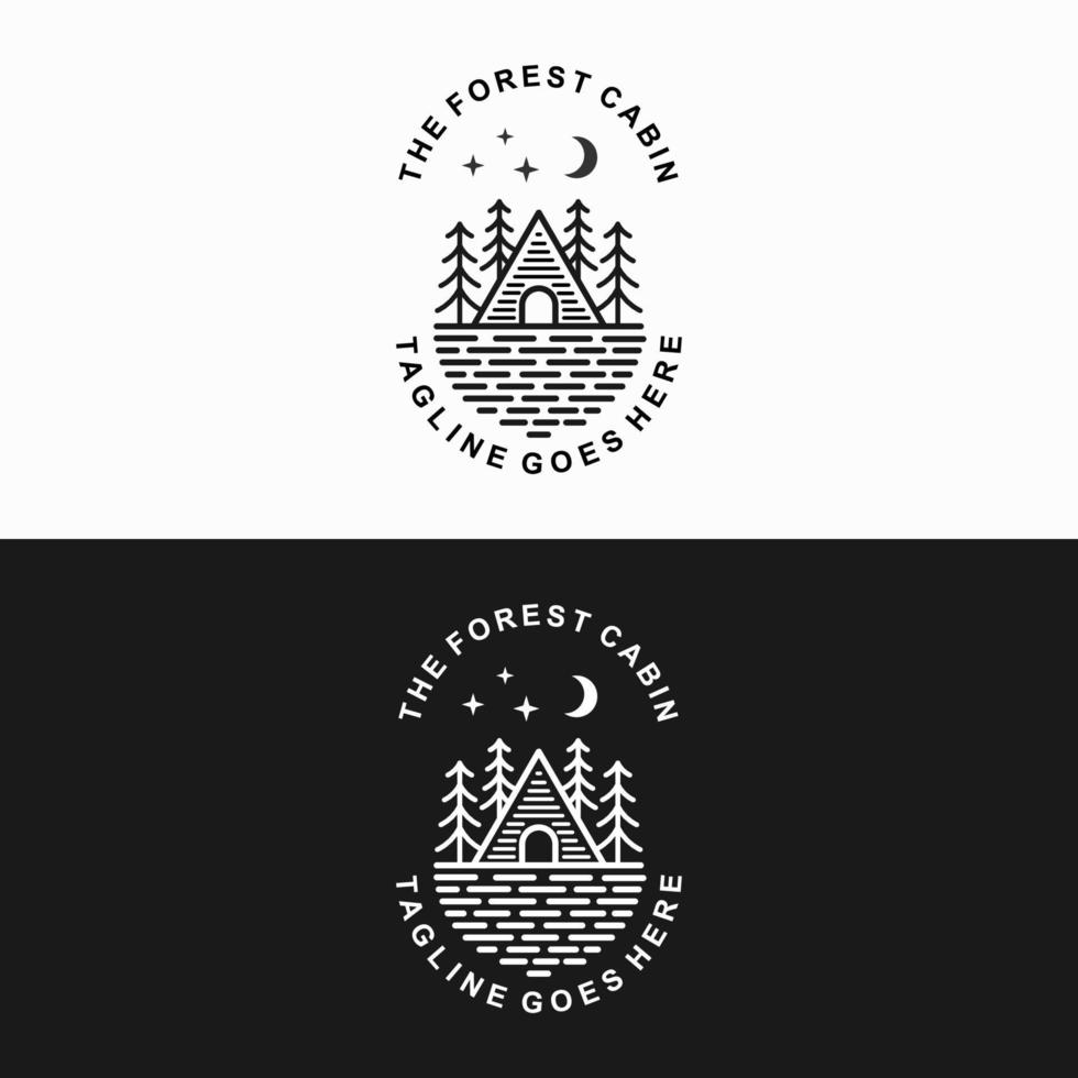 forest cabin adventure with landscape night view line art badge emblem logo design vector