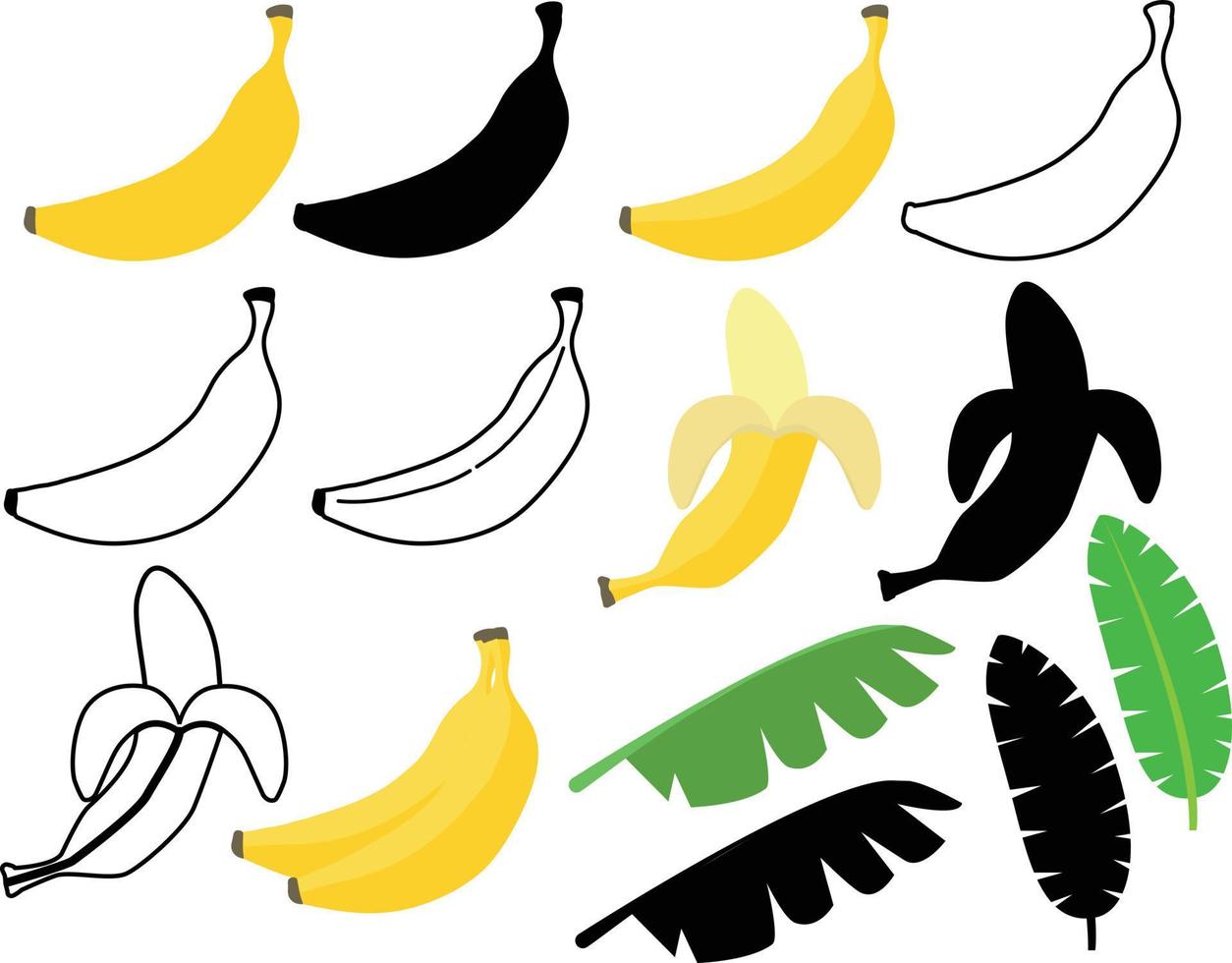 Banana palm tree collection on white background. Banana, peeled banana, banana peel. sweet banana sign. flat style. vector