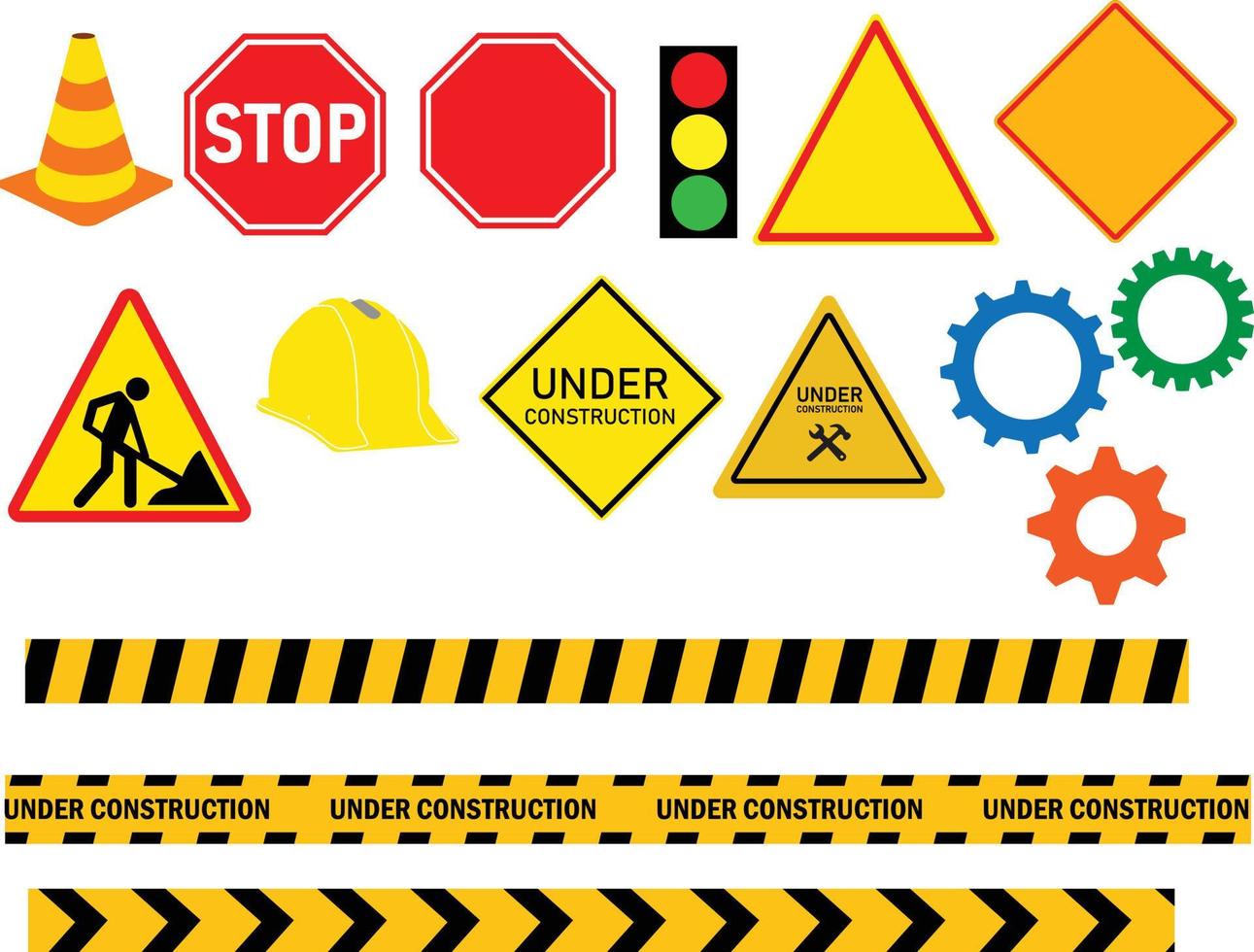 Set of signs and symbols under construction on white background. Traffic road repair barriers set. flat style. vector
