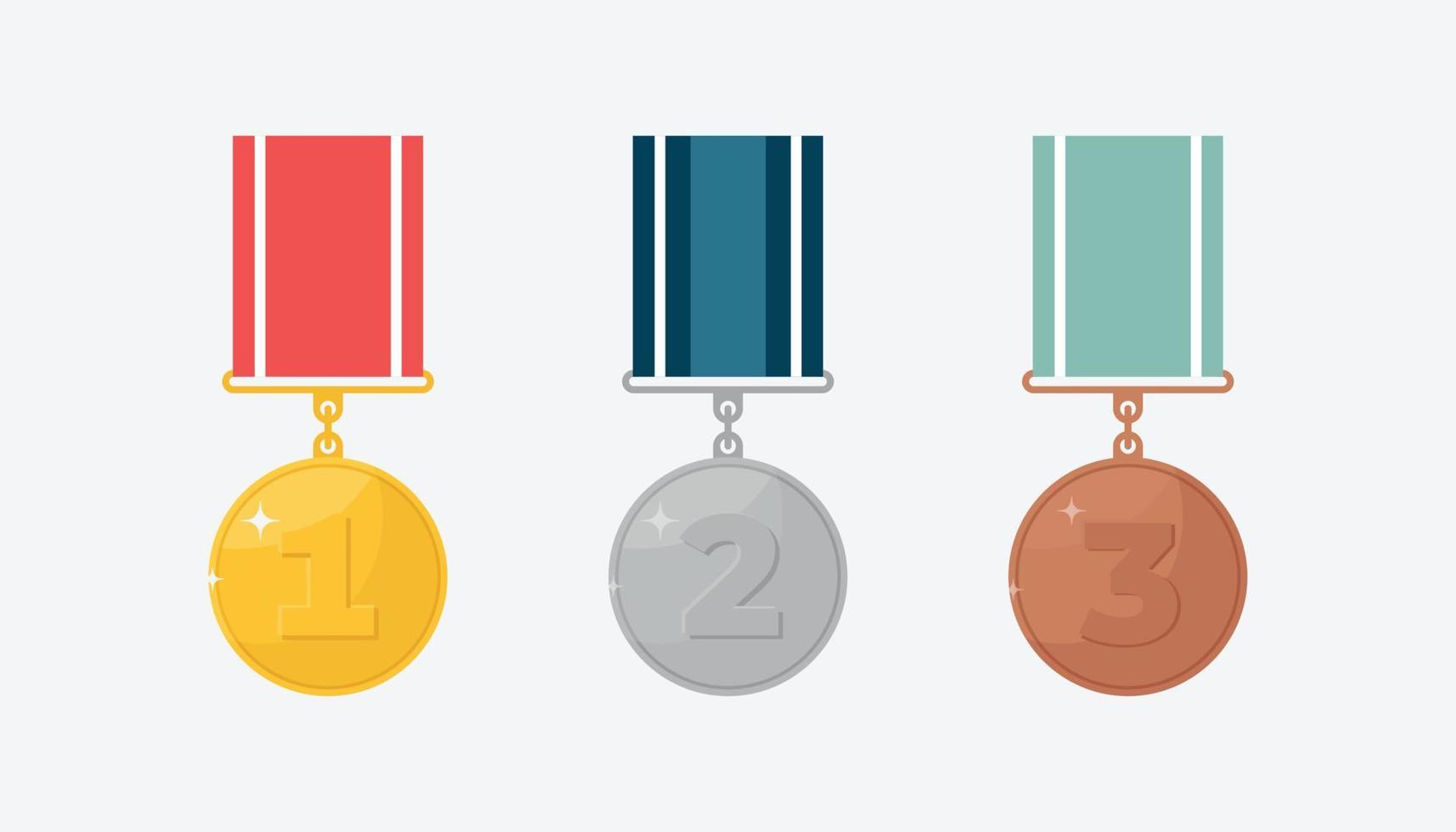Set of gold, silver and bronze metal medals for first, second and third place prize. Champion award symbols, isolated on white background. Flat vector illustration