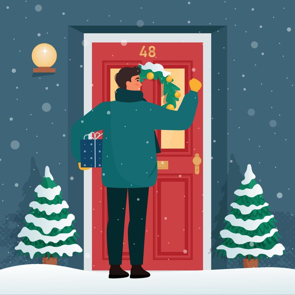 Man with a gift knocks on the door. Christmas or New Year's Eve, snowy weather. Cute vector illustration in flat style