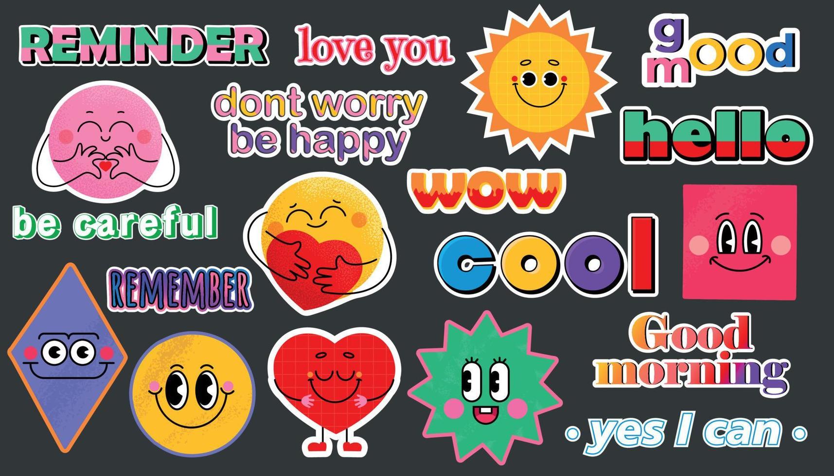 Set of different emoji, pins, stamps, stickers. Different Phrases and words. Trendy funny Vector isolated illustrations