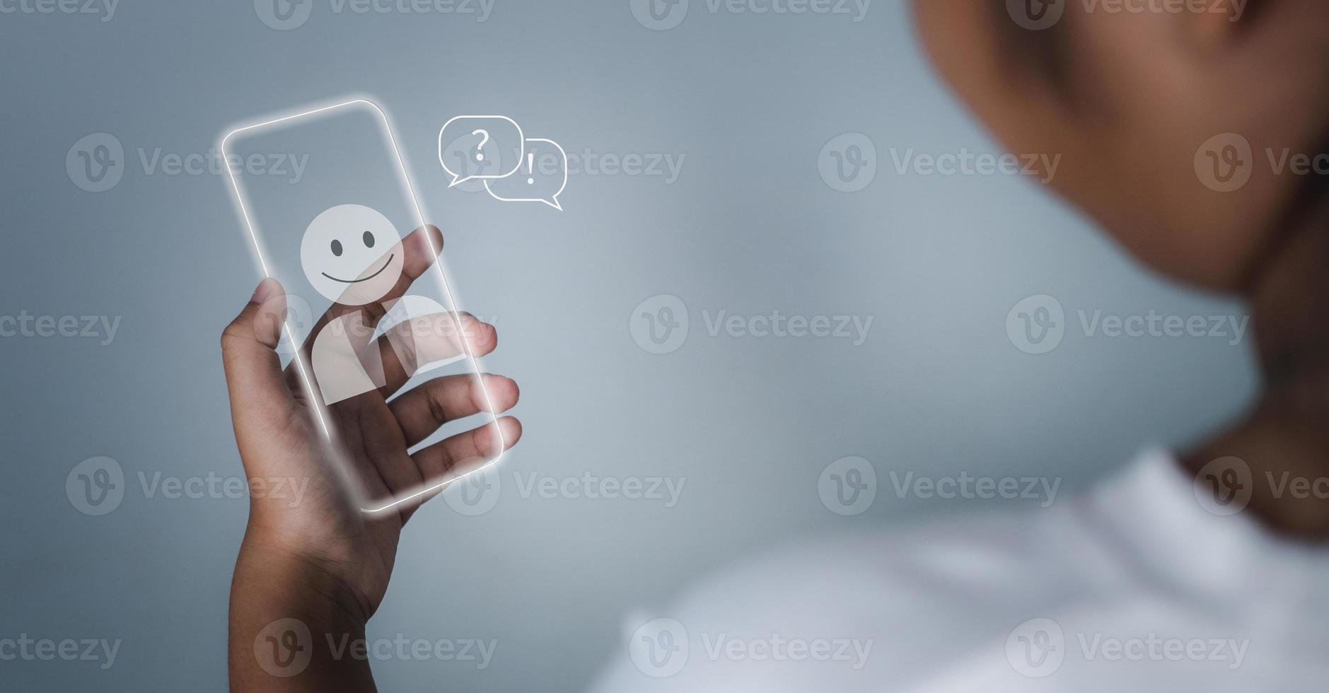 Social media and technology concepts, A girl hand is holding a phone and there is a social media icon. photo