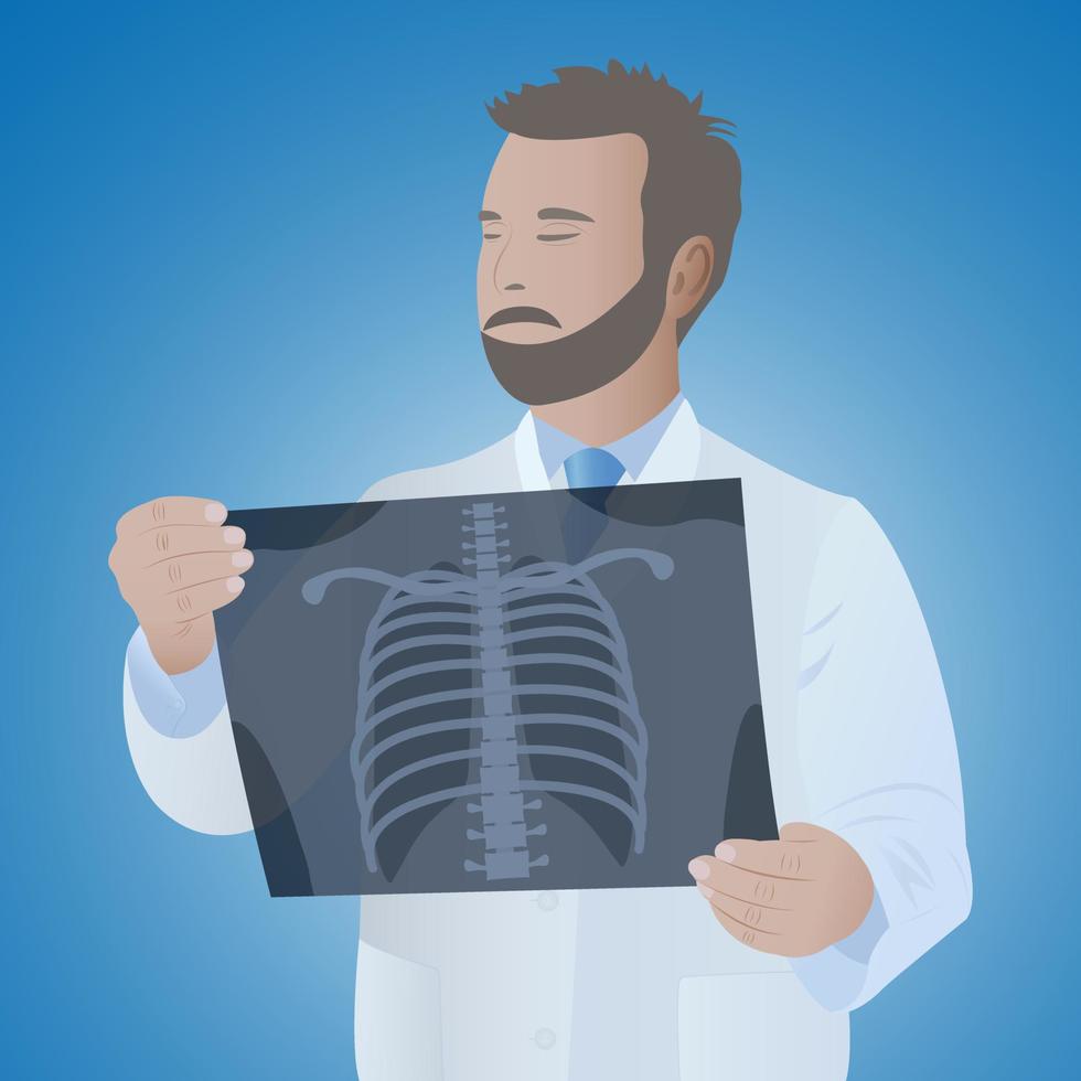 diagnóstico de enfermedades del tórax por un médico mirando una foto de un paciente. diagnóstico de una enfermedad neurodegenerativa en un paciente vector