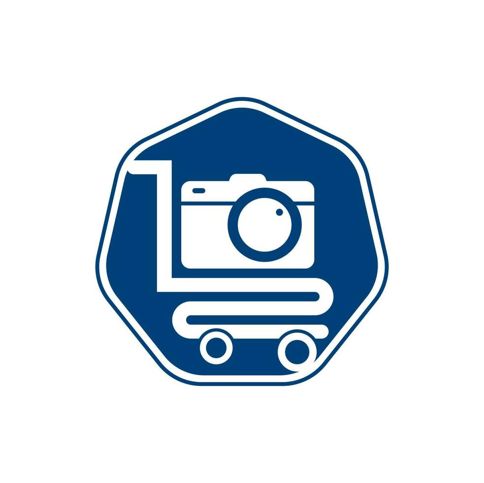 icono vectorial del logotipo de la tienda de cámaras. carrito de compras con plantilla de diseño de logotipo de lente de cámara. vector