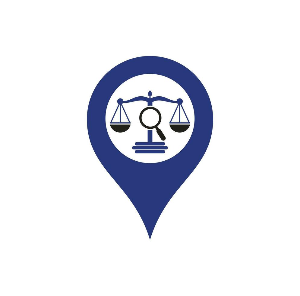 encuentre la plantilla vectorial del logotipo del punto del mapa de justicia, conceptos creativos de diseño del logotipo del bufete de abogados. logotipo de bufete de abogados de lupa vector