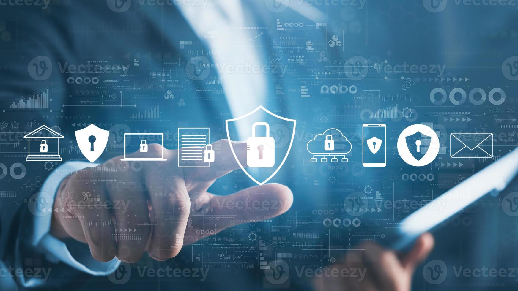 Cybersecurity and privacy concepts to protect data. Lock icon and internet network security technology. Businessmen protecting personal data on virtual interfaces. photo