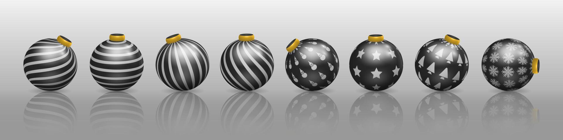 Set of black christmas ball decorations, ornaments with various patterns vector