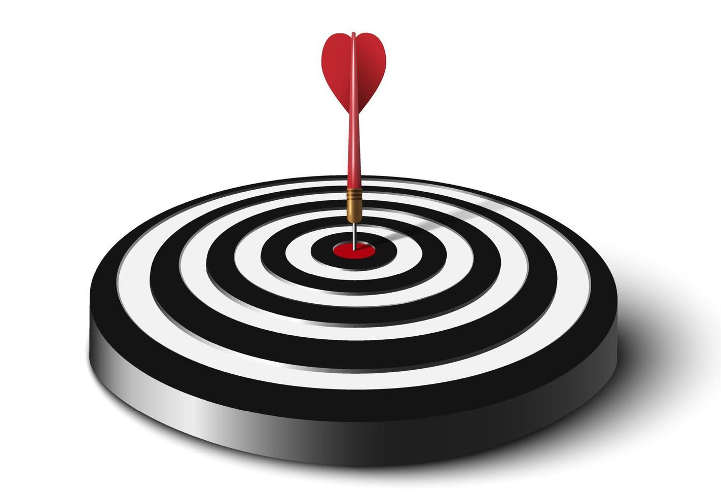 Close up of red dart hit to center of dartboard on the floor. Arrow on bullseye in target. Business success, investment goal, opportunity challenge, aim strategy, achievement focus concept. 3d vector