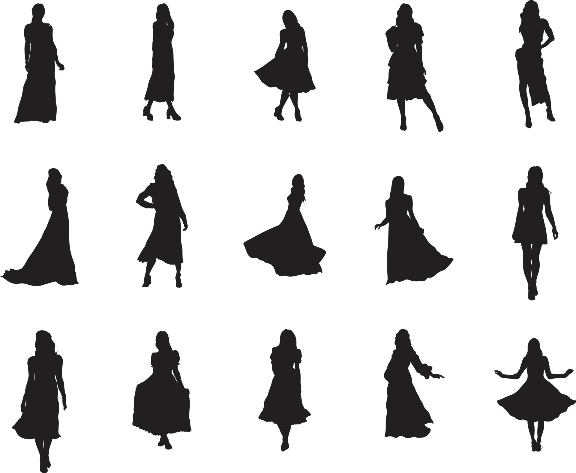 A vector collection of dress pose positions for artwork compositions