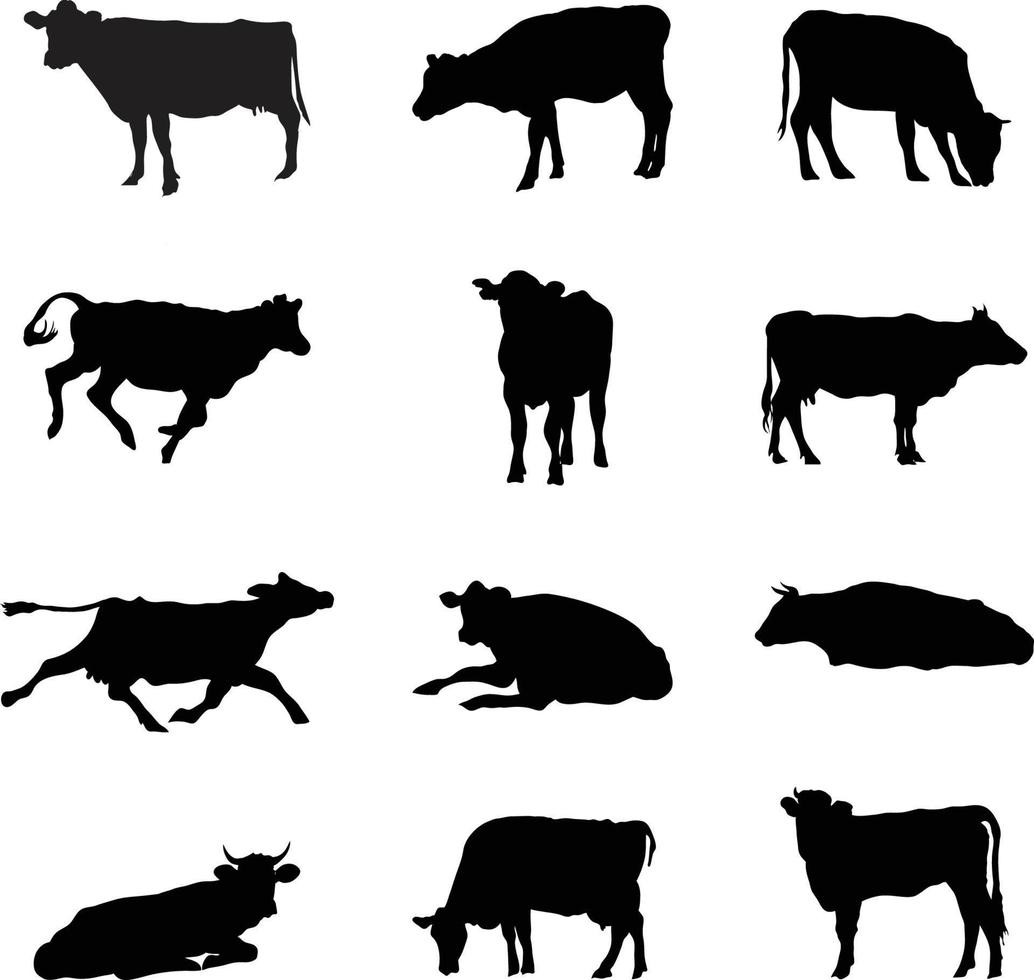 una colección de siluetas vectoriales de vacas para composiciones artísticas. vector