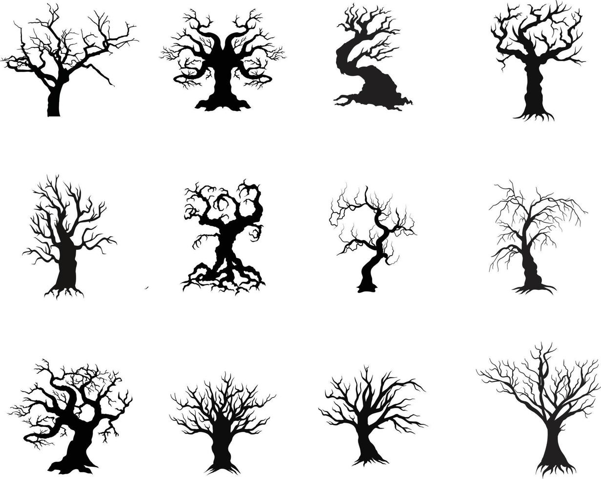 A vector collection of spooky halloween trees for artwork compositions.