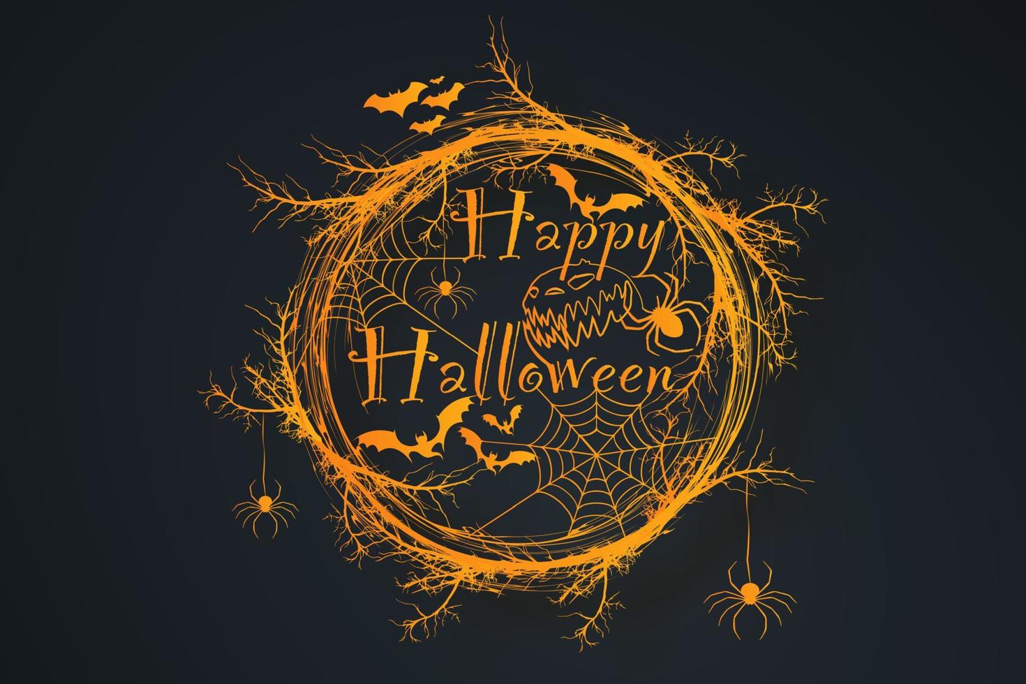 Happy Halloween Text Banner, orange horror wreath of branches, a realistic round frame border of twisted branches, vector illustration isolated on black background