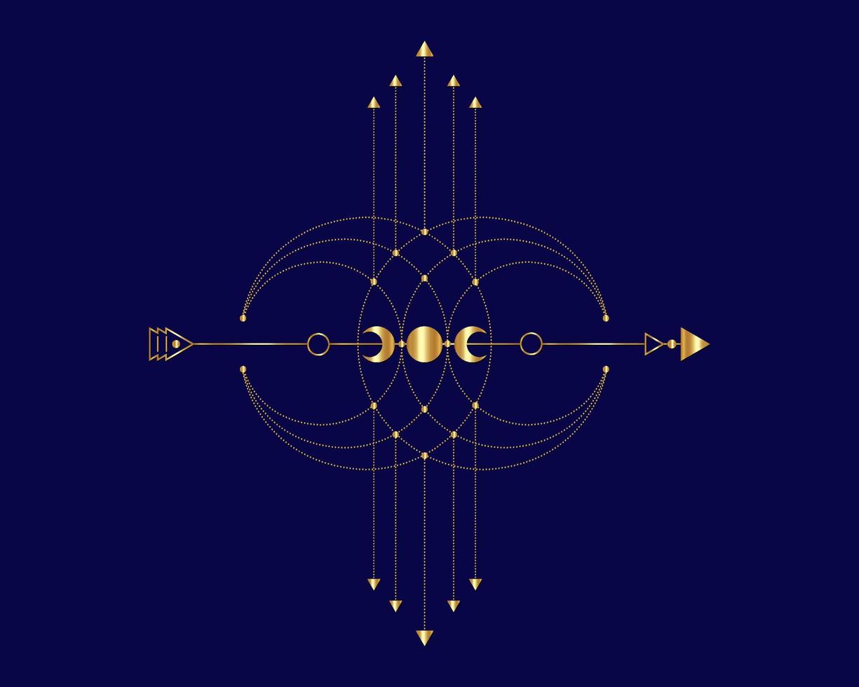 Golden Totem, Sacred Geometry, mystical arrow and crescent moon, gold dotted lines in boho style, wiccan icon, alchemy esoteric mystical magic talisman. Spiritual occultism vector isolated on blue