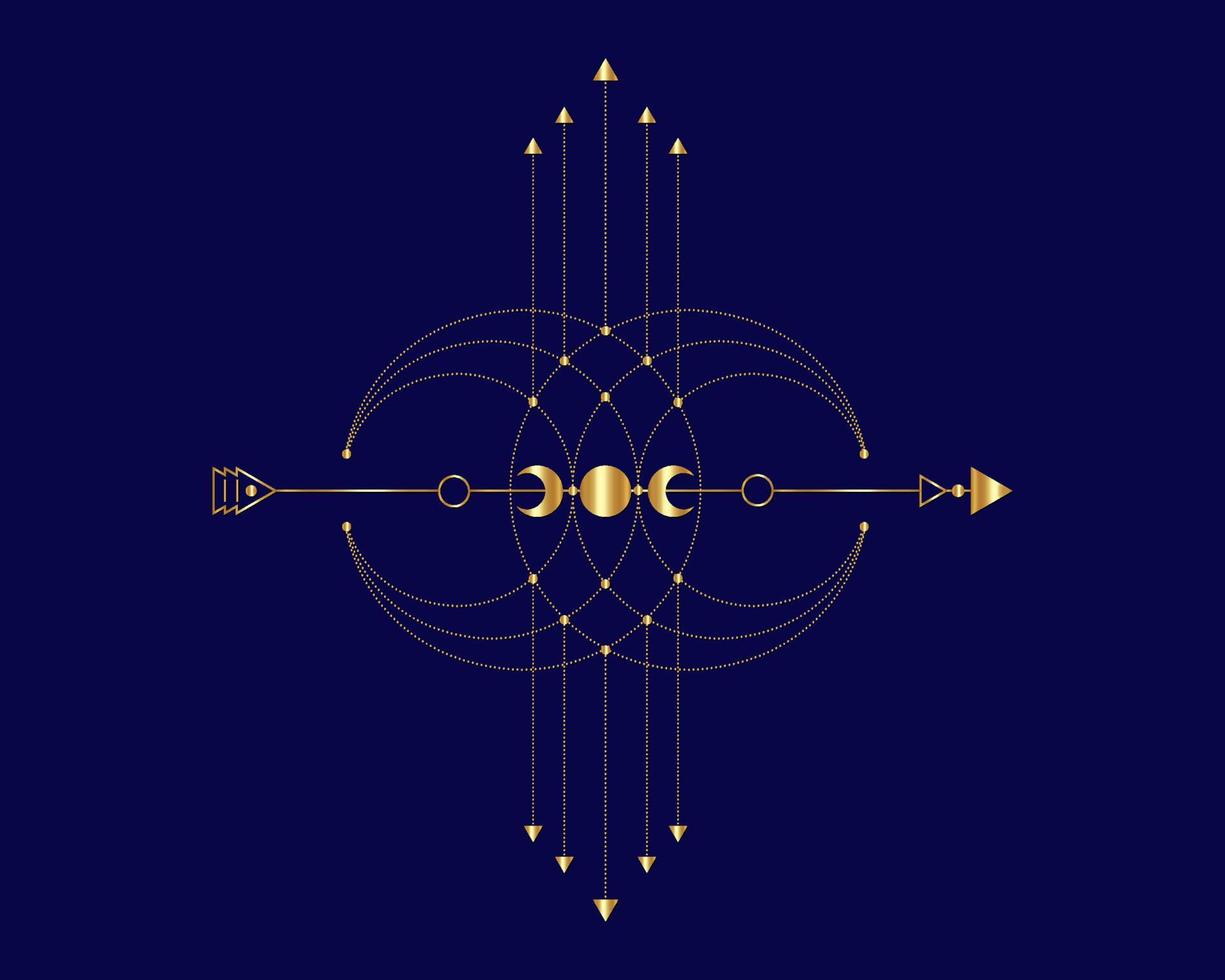 tótem dorado, geometría sagrada, flecha mística y luna creciente, líneas punteadas de oro en estilo boho, icono wiccan, talismán mágico místico esotérico de alquimia. vector de ocultismo espiritual aislado en azul