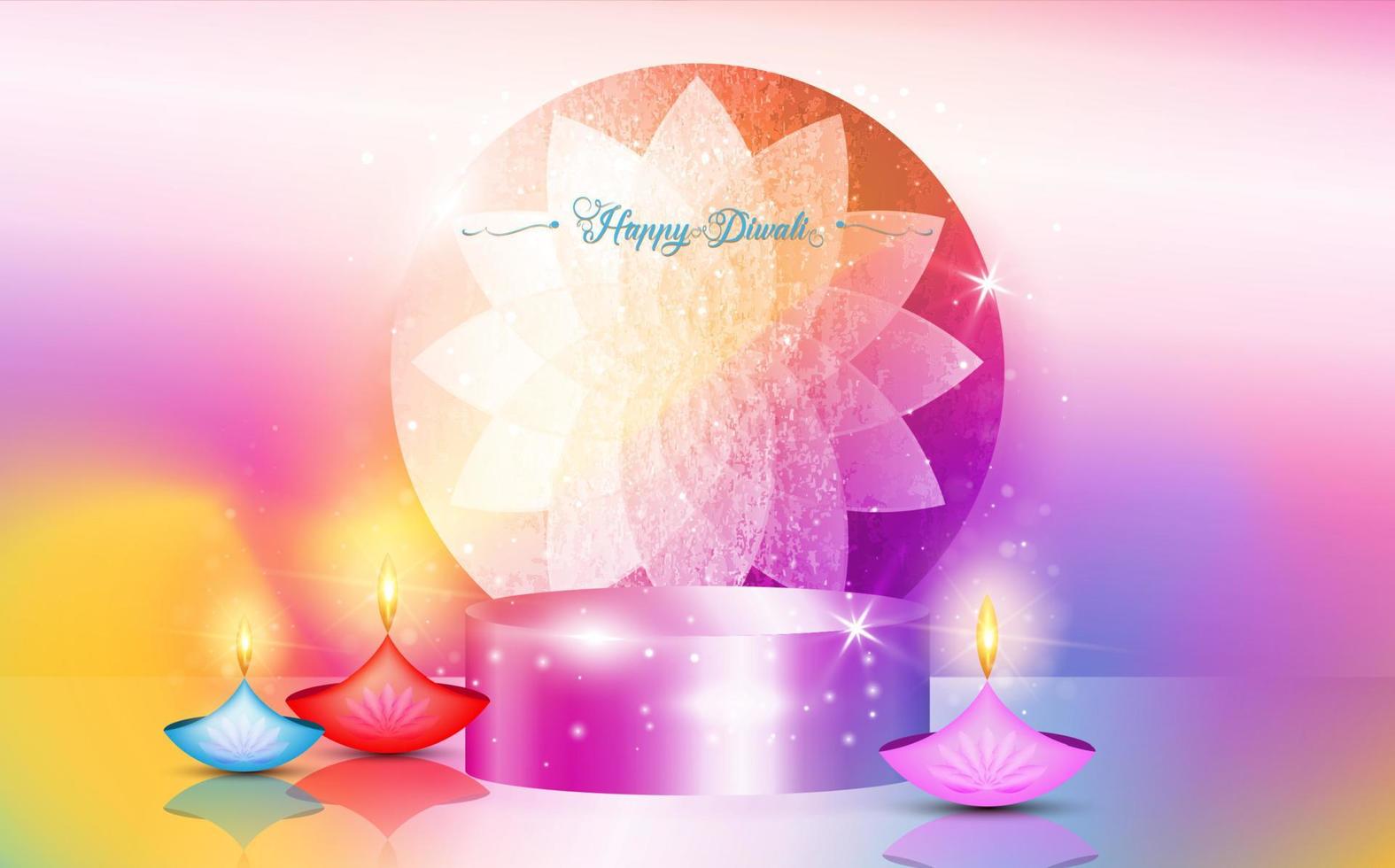 Happy Diwali 3D vector illustration of podium stage scene with Indian Diwali Diya oil lamps, colorful graphic Indian symbols on round blank card. The Festival of Lights.