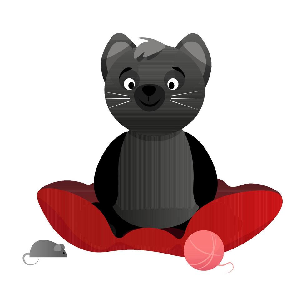 A black cat sits in a red bed and next to it is a ball of toys and a mouse. vector