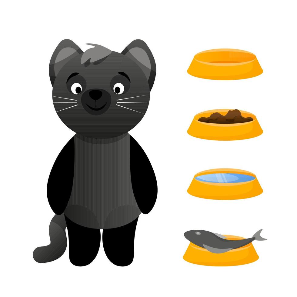 gatos negros y gatos cuencos amarillos con comida, pescado, agua y pescado vector