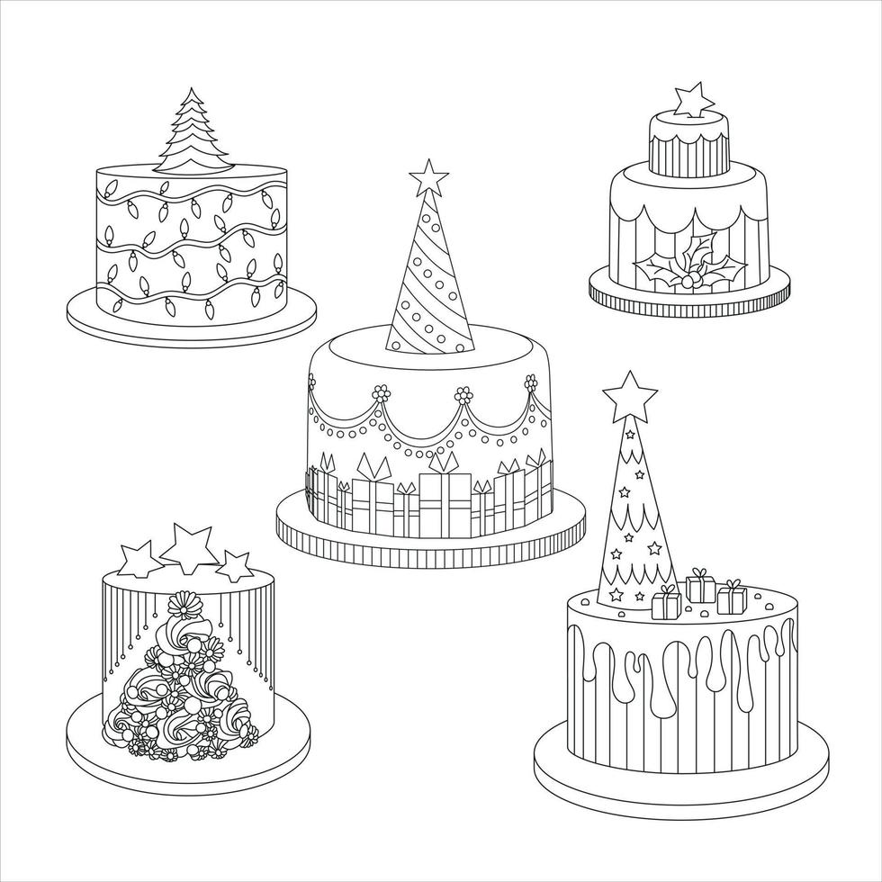 Christma Cake Line Art Illustraion Set vector