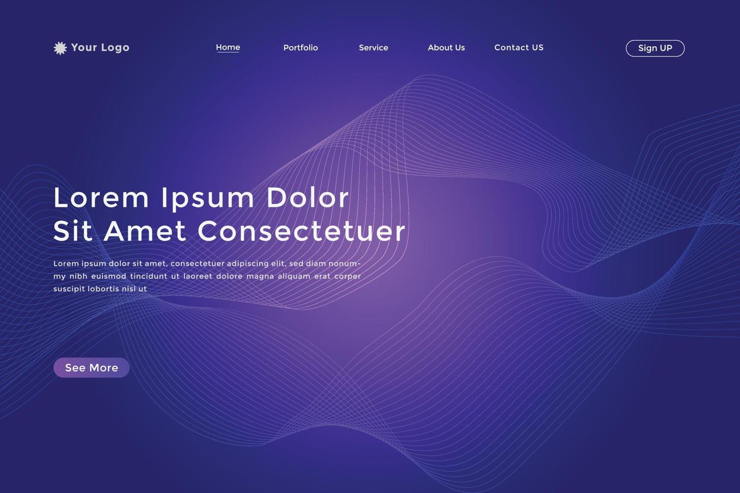 página de inicio abstracta con líneas onduladas de colores. diseño de página de aterrizaje degradado azul púrpura abstracto vector