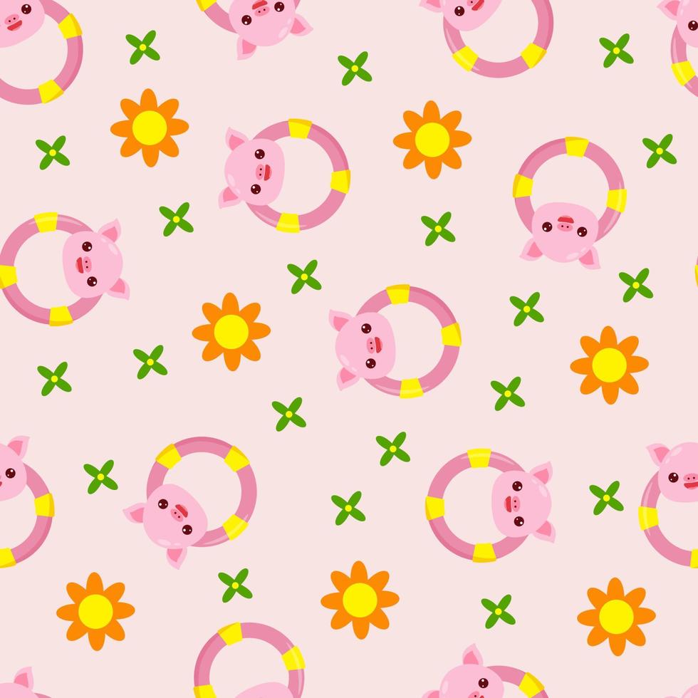 patrón sin costuras con animales sobre un fondo rosa. un patrón con un sonajero de bebé en forma de cerdo. animales kawaii vector
