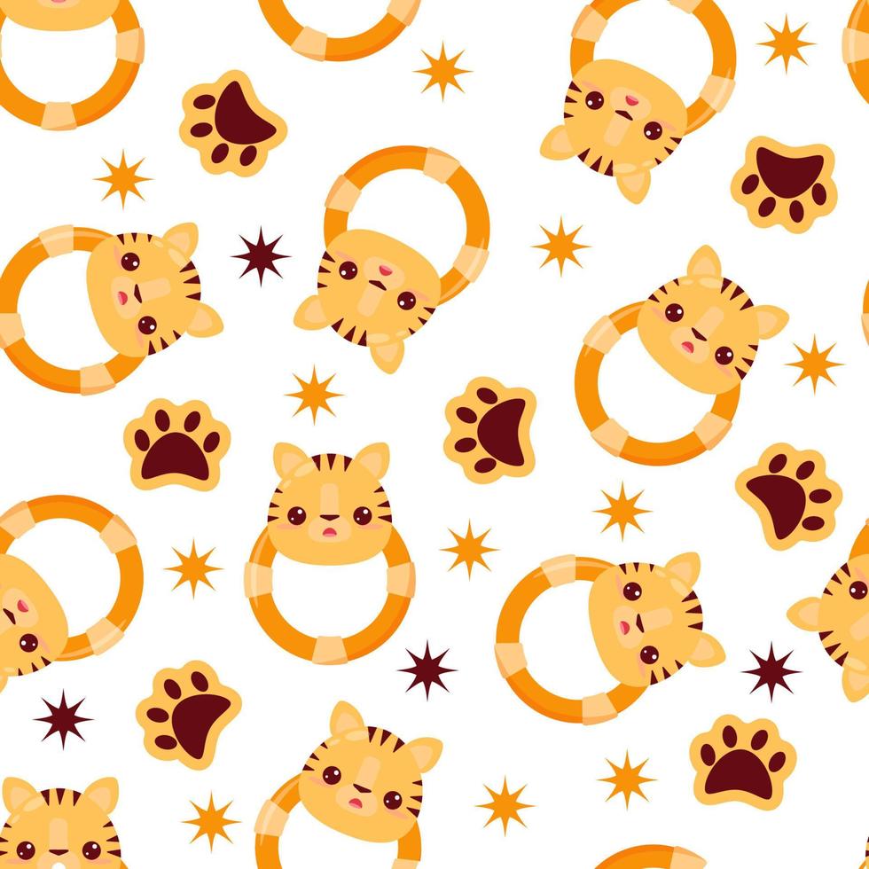 Seamless pattern with animals on a white background. A pattern with a baby rattle in the form of a tiger. Kawaii animals vector